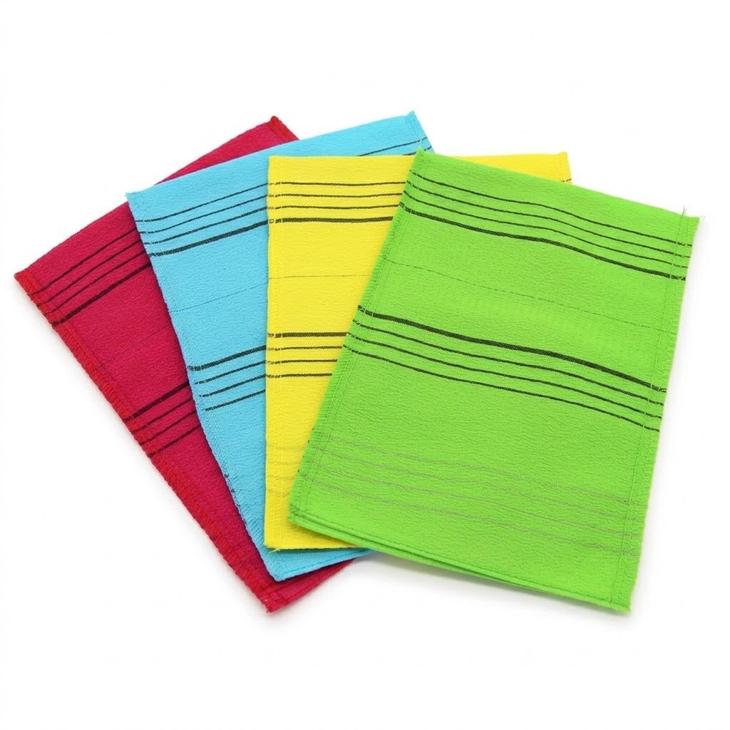 Korean-style exfoliating scrub towels in red, blue, yellow and green