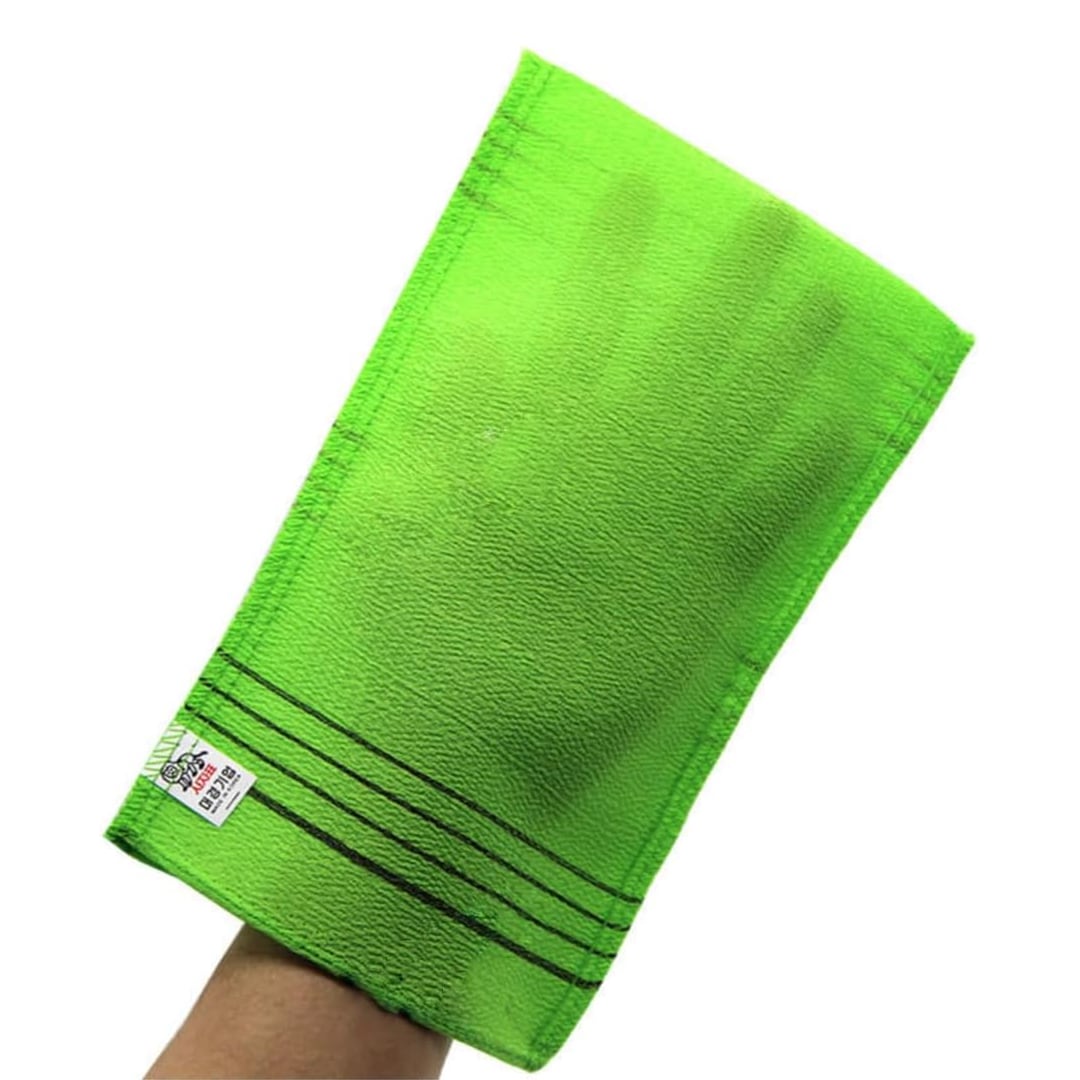 Bright green Korean exfoliating mitt, front view