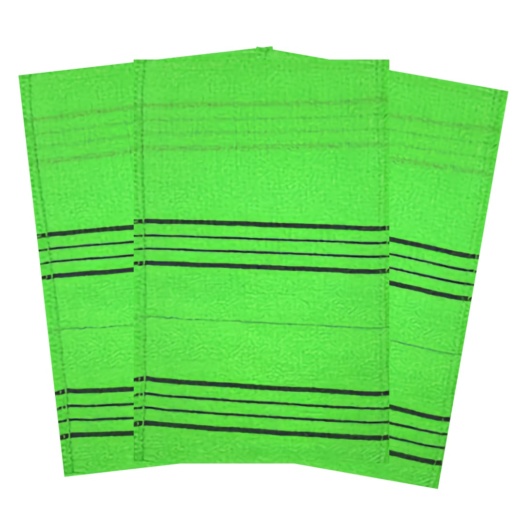 Three bright green Korean exfoliating mitts
