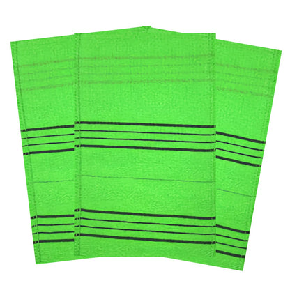 Three bright green Korean exfoliating mitts