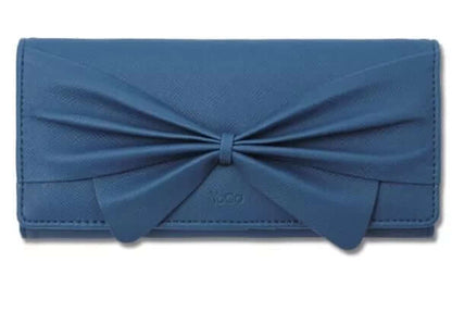 Blue women's ribbon long wallet made of synthetic leather with a stylish bow design, perfect for modern fashion and organization.