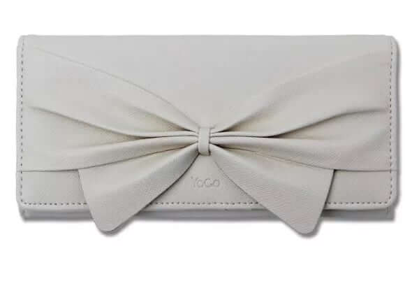 Women's stylish ribbon long wallet in ivory synthetic leather with a sleek bow design, perfect for modern fashion and organization.