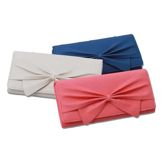 Women's ribbon long wallet in ivory, pink, and blue with stylish bow design, perfect for modern accessory lovers.